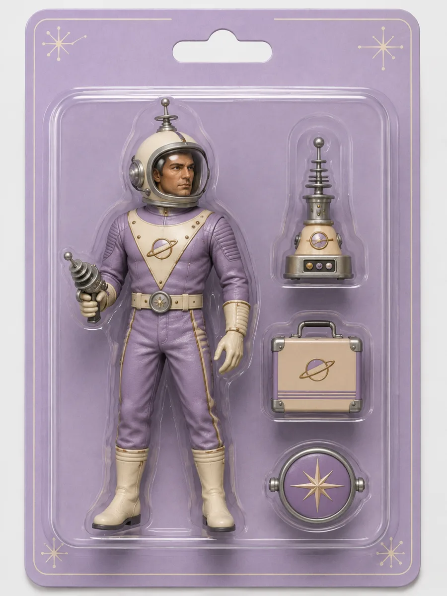 Personnage en scaphandre à antenne, panneau de boutons — univers Rétro-futur